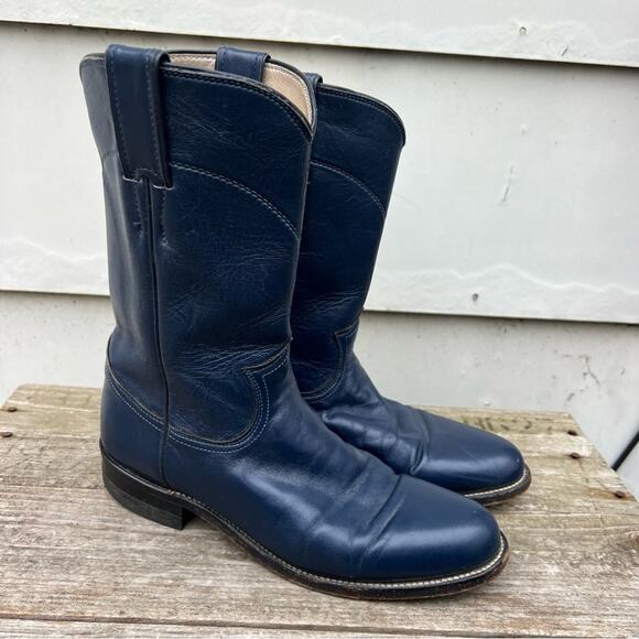 Justin Boots Shoes - Vintage 90s Justin Roper Navy Blue Cowgirl Western Pull On Leather Boots 6 1/2B